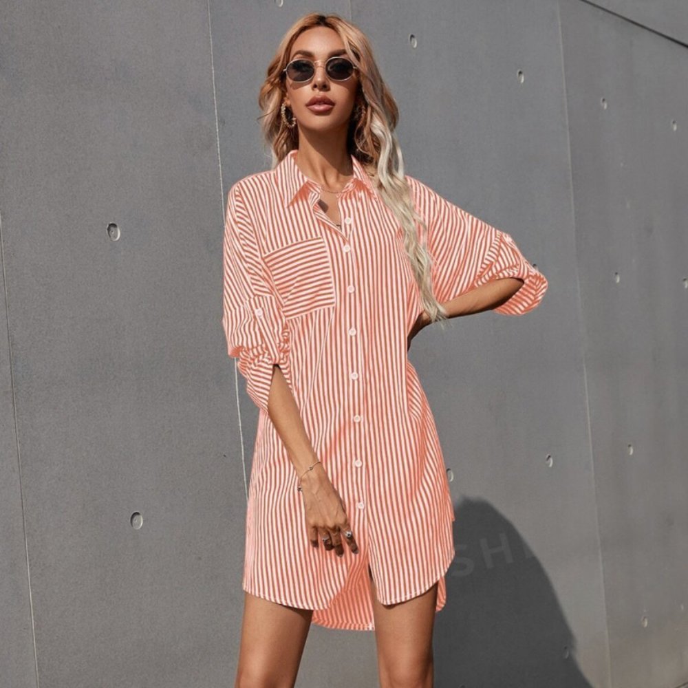 Frenchy Striped Roll Up Sleeve Shirt Dress
